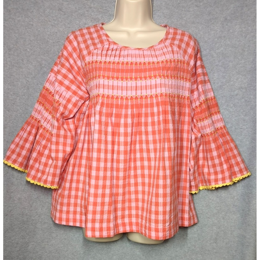 New Ivy Jane Checked and Tucked Top M Pink Yellow Crochet Trim Farm House Chic